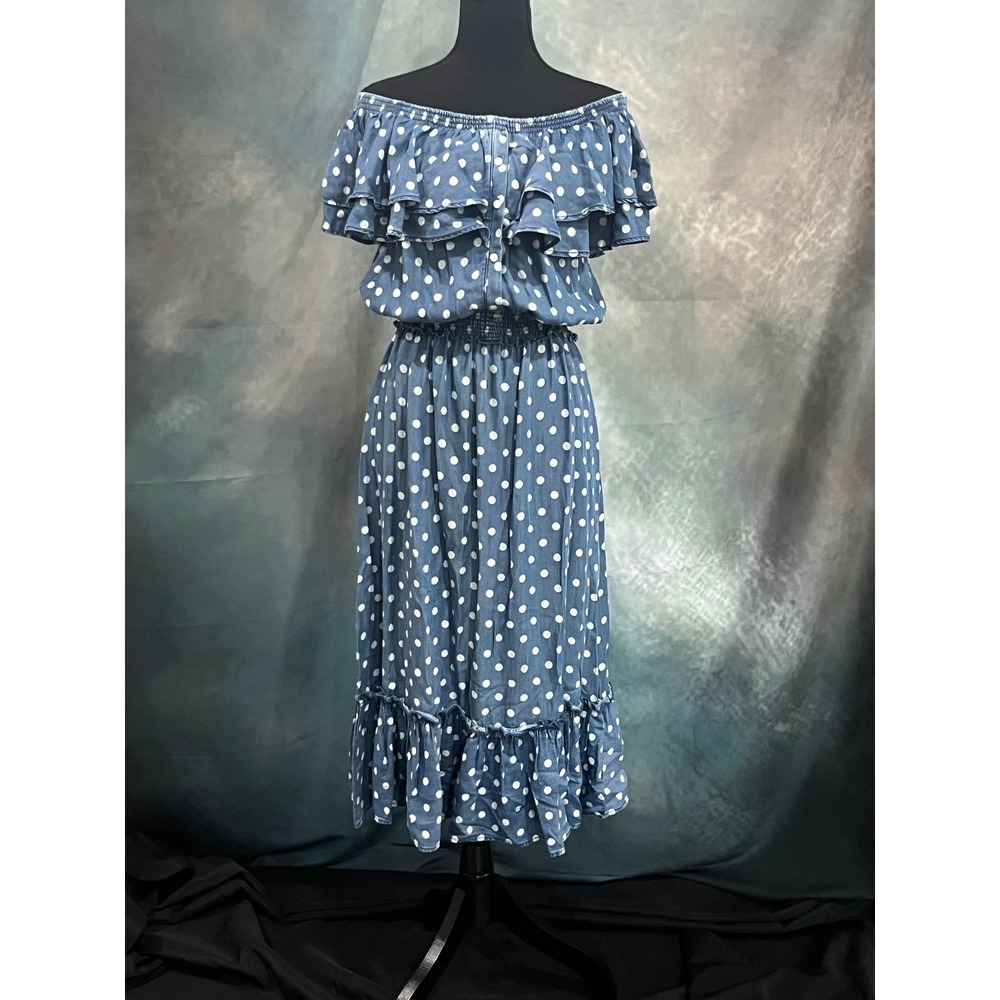 PinkBlush Women Blue Polka Dot Off Shoulder Ruffle Midi Maternity Dress Large